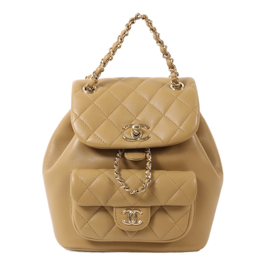 CHANEL AS2908 CC Chain Rucksack Backpack Beige Lambskin GHW: CHANEL AS2908 CC Chain Rucksack Backpack Beige Lambskin GHW A CHANEL rucksack backpack in beige lambskin (sheep leather) with gold-tone hardware. The bag features a turn lock closure, one exterior mag