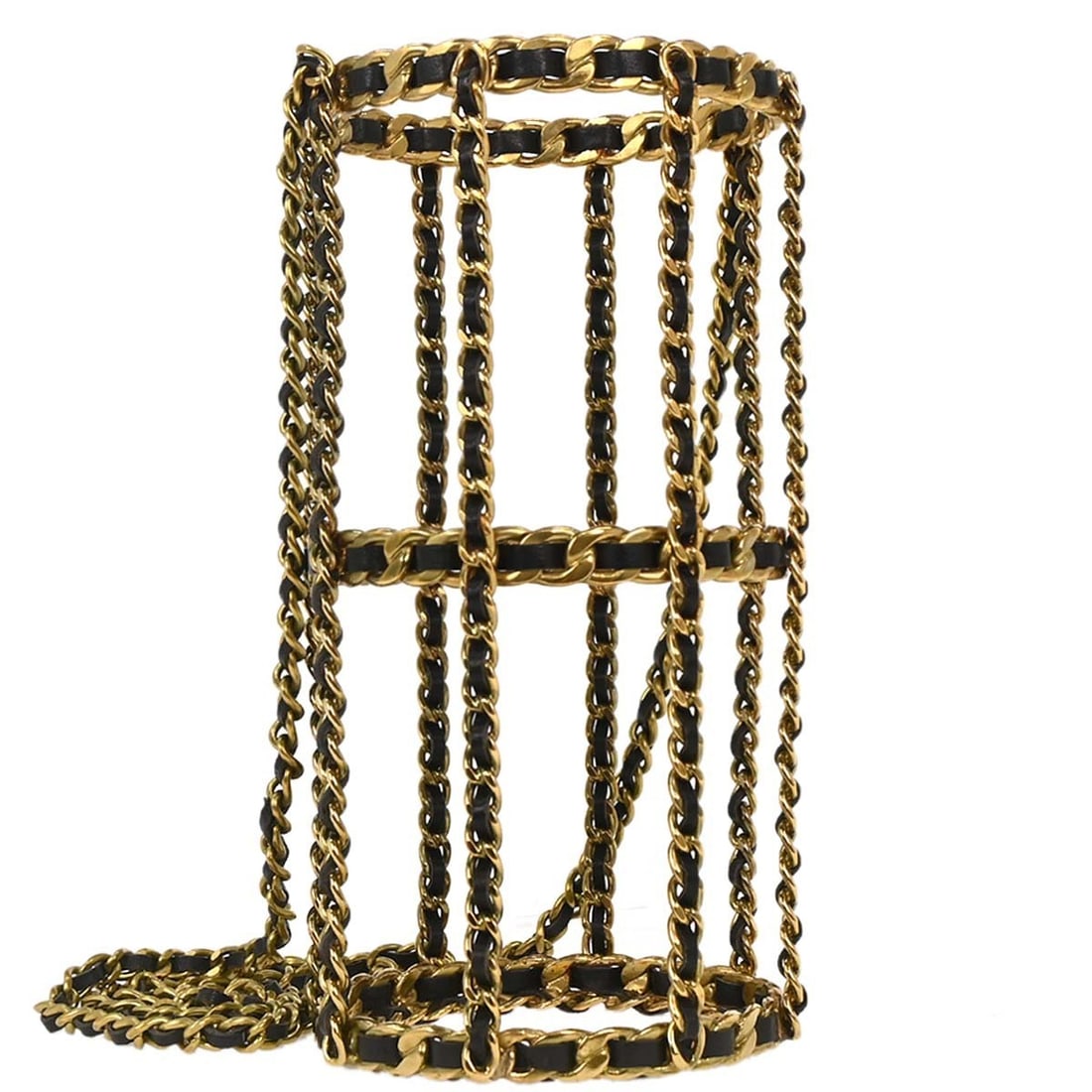 CHANEL Cylindrical Shoulder Crossbody Bag Gold Black Chain Strap: CHANEL Cylindrical Shoulder Crossbody Bag Gold Black Chain Strap A Chanel crossbody shoulder bag in gold and black, designed in a cylindrical silhouette with an open closure and chain strap. It is des