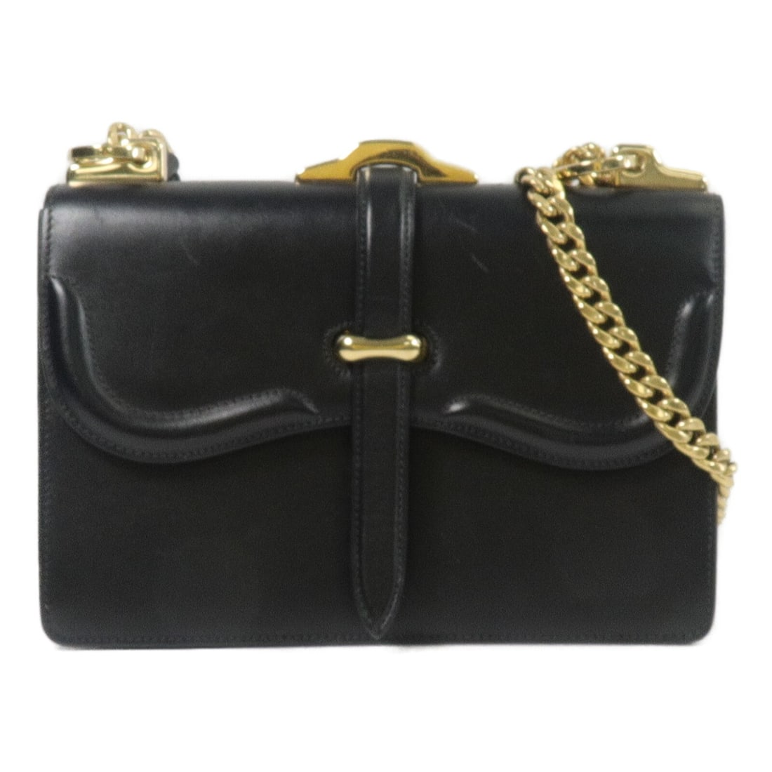 PRADA Belle 1BD184 chain shoulder bag black calfskin: PRADA Belle 1BD184 chain shoulder bag black calfskin A PRADA Belle Chain Shoulder Bag, model 1BD184, crafted in black calfskin (cowhide) with gold hardware. It features one open interior pocket and on