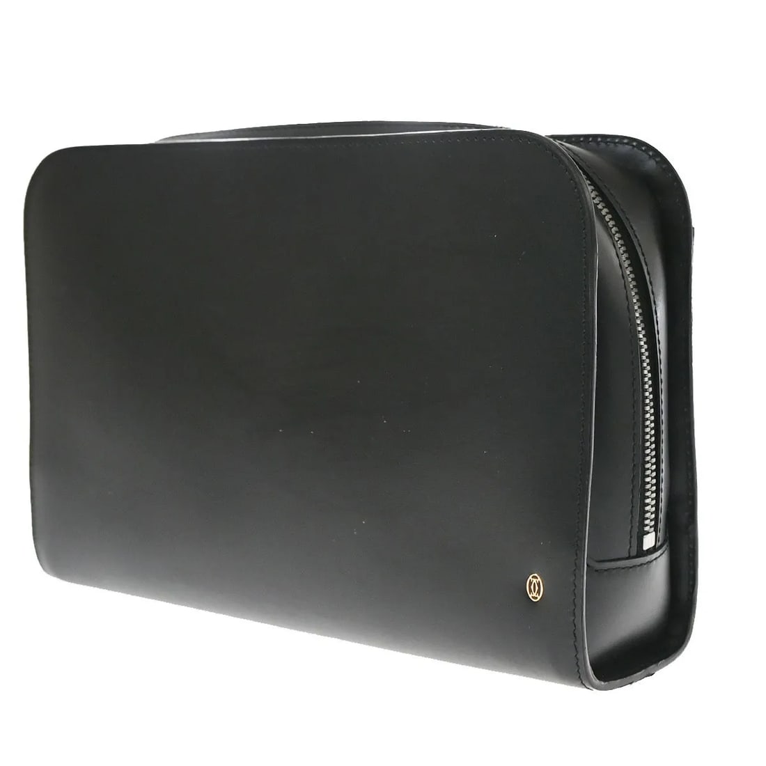 Cartier Handle Pouch Black Leather Spain 25cm: Cartier Handle Pouch Black Leather Spain 25cm Black unisex pouch with a handle in leather, identified as the Box Calf model. It is made in Spain and is described as being in very good overall conditio