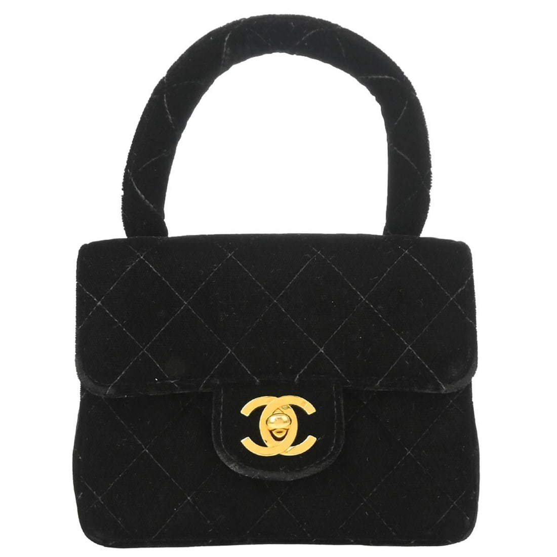 CHANEL Mini Square Top Handle Bag in Black Velvet: CHANEL Mini Square Top Handle Bag in Black Velvet Chanel Mini Square handbag in black velvet with a matelasse quilted design and flap turn-lock closure. This women's top handle bag features one exteri