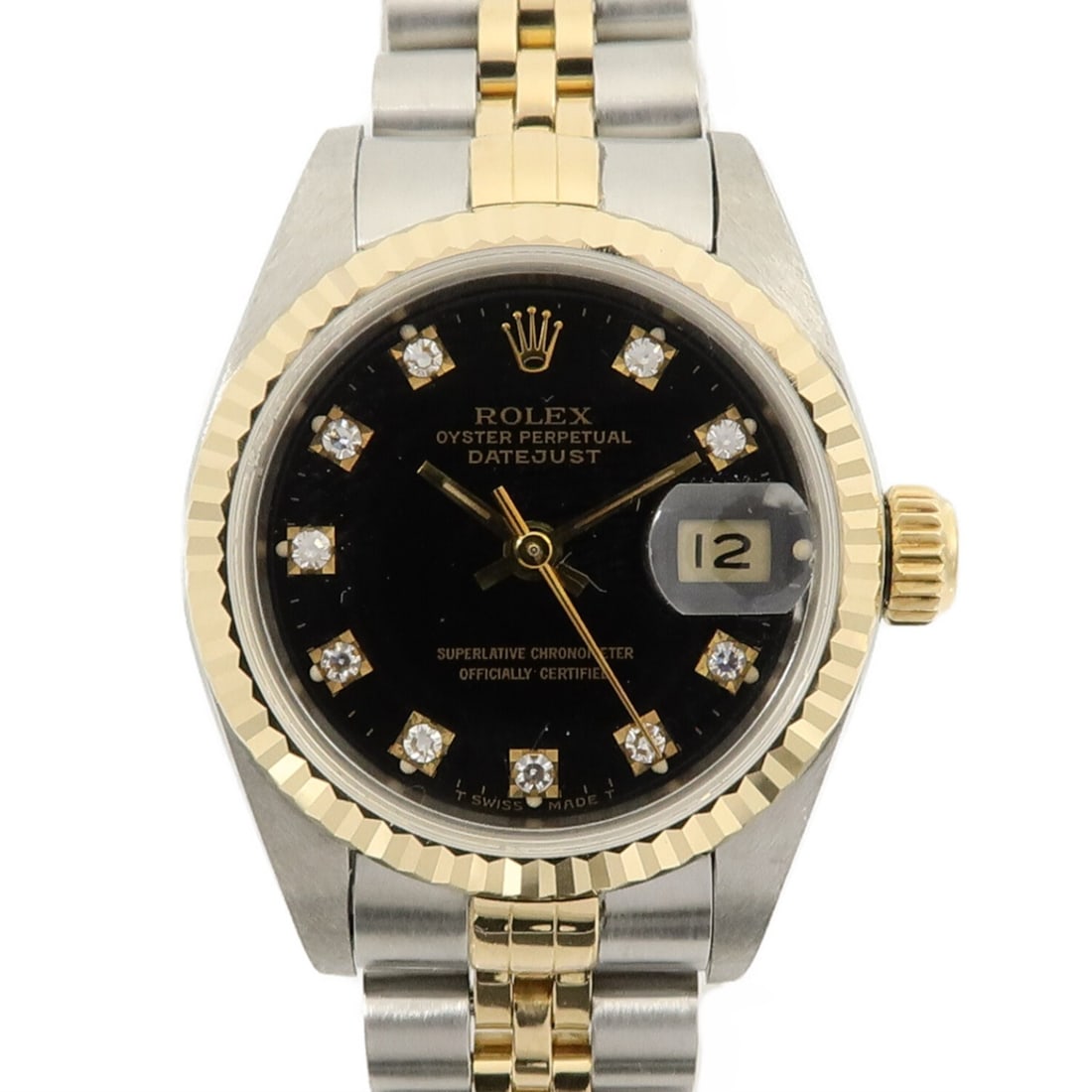Ladies Rolex Datejust 69173G Automatic Watch Steel 18K Yellow Gold Diamond: Ladies Rolex Datejust 69173G Automatic Watch Steel 18K Yellow Gold Diamond Ladies ROLEX Datejust automatic watch, model 69173G (1991), with a black dial and clear diamond details. It features an 18K y