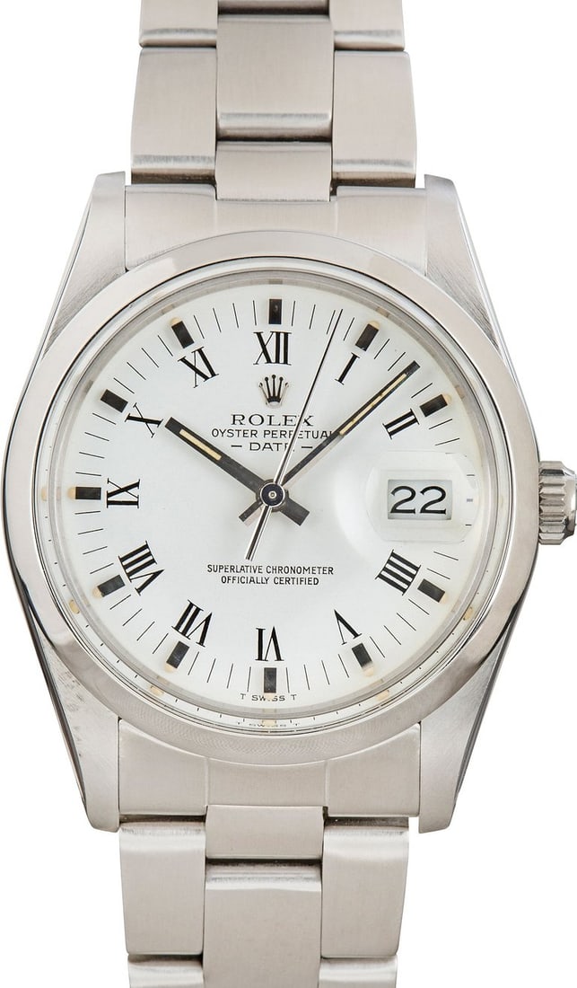 Rolex Oyster Perpetual Date Watch Ref 15000 White Roman Dial Oyster Bracelet: Rolex Oyster Perpetual Date Watch Ref 15000 White Roman Dial Oyster Bracelet The Rolex Oyster Perpetual Date features a white Roman numeral dial, a smooth bezel, and is fitted with an Oyster bracelet.