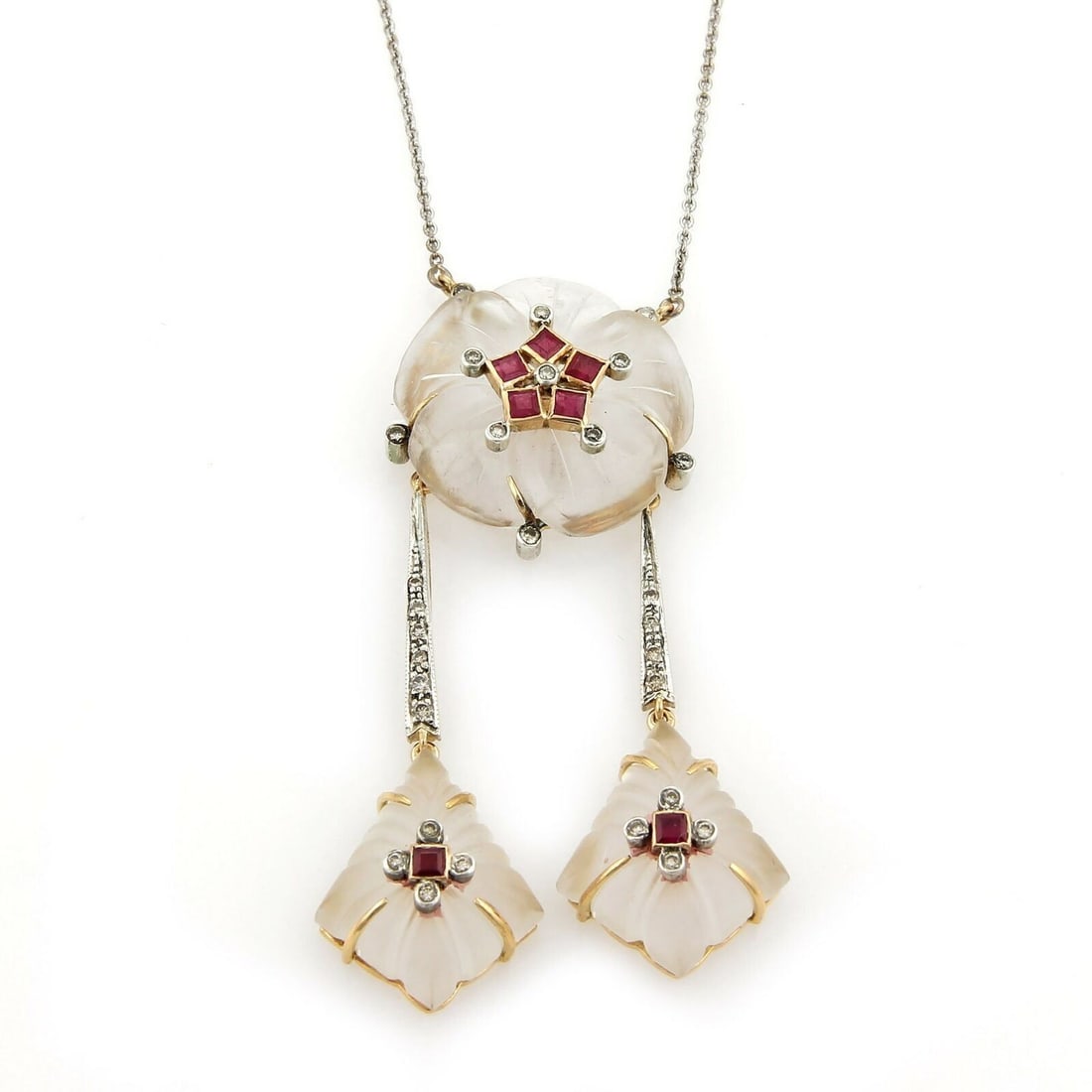 18k Two Tone Gold Lariat Necklace with Frosted Crystal Ruby Diamonds: 18k Two Tone Gold Lariat Necklace with Frosted Crystal Ruby Diamonds This vintage estate lariat necklace is crafted in 18k yellow and white gold and features a hand-carved frosted crystal centerpiece 