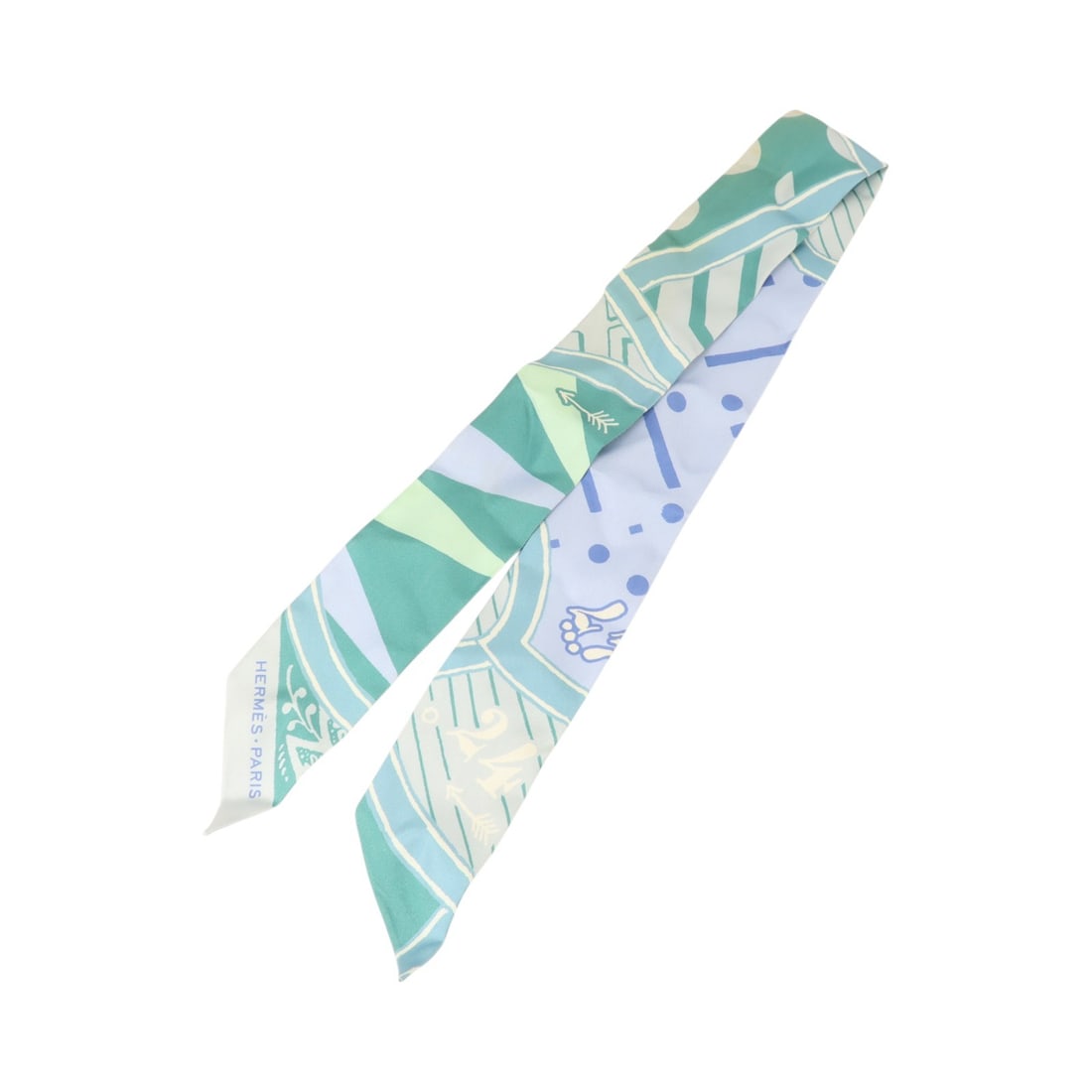 Hermes Twilly Silk Scarf Blue Green Multicolor with Box: Hermes Twilly Silk Scarf Blue Green Multicolor with Box Hermes Twilly scarf in silk with a light blue, light green, and multicolor design. It measures 86 cm x 5 cm and comes with a storage box. Condit