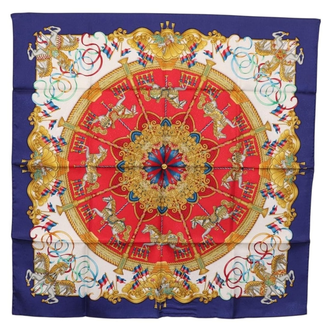 Hermes Luna Park silk scarf 90cm blue France: Hermes Luna Park silk scarf 90cm blue France Silk scarf in blue with the "LUNA PARK" design. It measures approximately 90 cm x 90 cm and was made in France. Condition is rated AB, with partly creases 