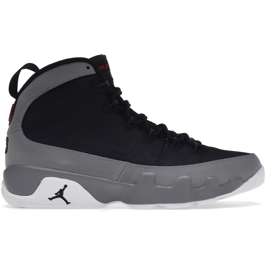 Jordan 9 Retro Black Sneakers Size 8 M 9.5 W: Jordan 9 Retro Black Sneakers Size 8 M 9.5 W The Jordan 9 Retro Particle Grey is an authentic pair of sneakers in black, offered in men's size 8 and women's size 9.5. These shoes are in un-used and un