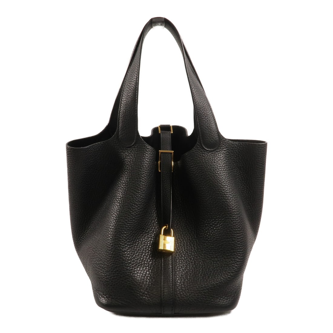 Hermes Picotin MM Clemence Leather Tote Bag Noir with Cadena: Hermes Picotin MM Clemence Leather Tote Bag Noir with Cadena A Picotin MM tote bag in Noir black, crafted from Taurillon Clemence and calfskin. It features a Z stamp indicating manufacture in 2021 and