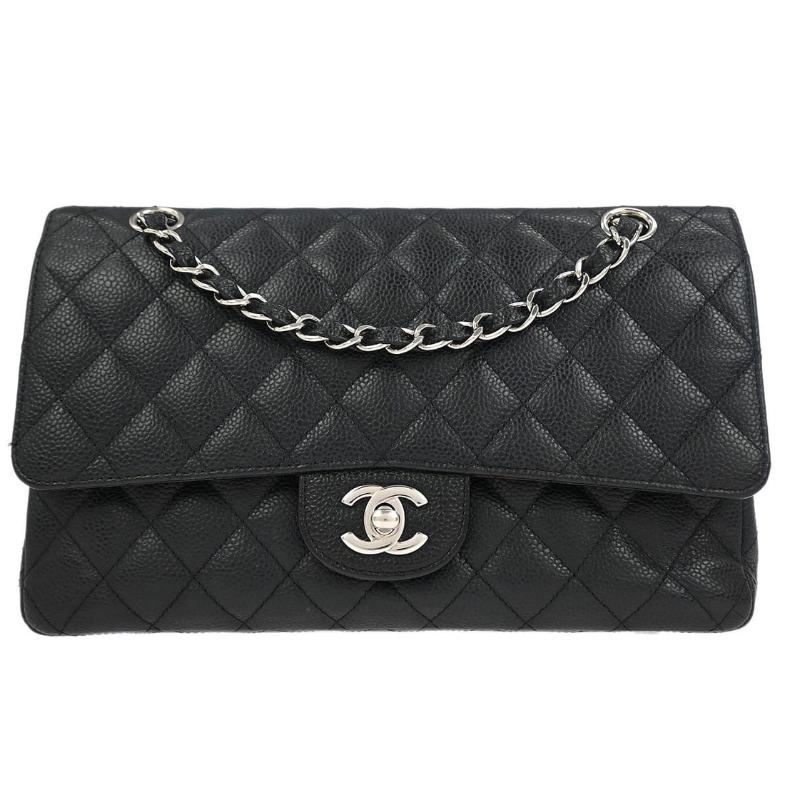 CHANEL Classic Double Flap Medium Black Leather Shoulder Bag: CHANEL Classic Double Flap Medium Black Leather Shoulder Bag Chanel Medium Classic Double Flap shoulder bag in black caviar skin leather with a turn-lock closure and shoulder strap. Made in France, th