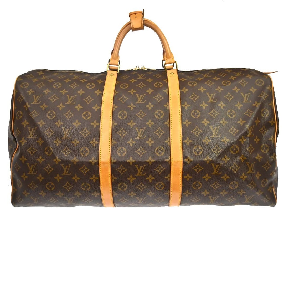 Louis Vuitton Keepall 60 Monogram Duffle Bag M41422 France: Louis Vuitton Keepall 60 Monogram Duffle Bag M41422 France Vintage Louis Vuitton Keepall 60 travel handbag in brown Monogram canvas with leather trim and double handles. This extra large duffle-style 