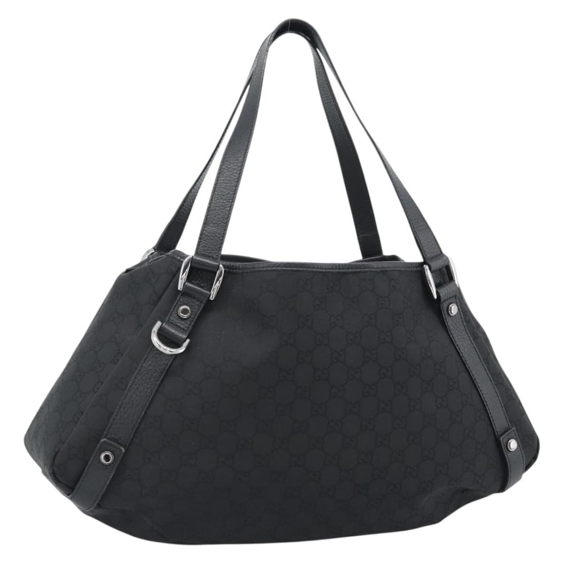 Gucci Abbey Black GG Canvas Tote Bag Silver Tone 293578: Gucci Abbey Black GG Canvas Tote Bag Silver Tone 293578 A Gucci Abbey tote bag in black and silver GG canvas, made in Italy. It comes with a dust bag and features a tote bag style with the stated dime