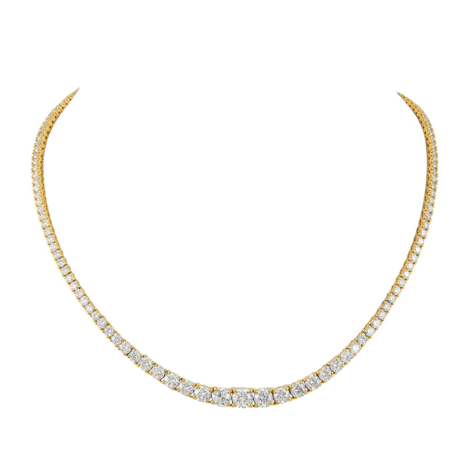 GIA 14.87ct Diamond Tennis Necklace in 14k Yellow Gold: GIA 14.87ct Diamond Tennis Necklace in 14k Yellow Gold This stunning GIA-certified 14.87 ct Diamond Tennis Riviera Necklace is crafted from 14k yellow gold, showcasing a beautiful and classic design. 