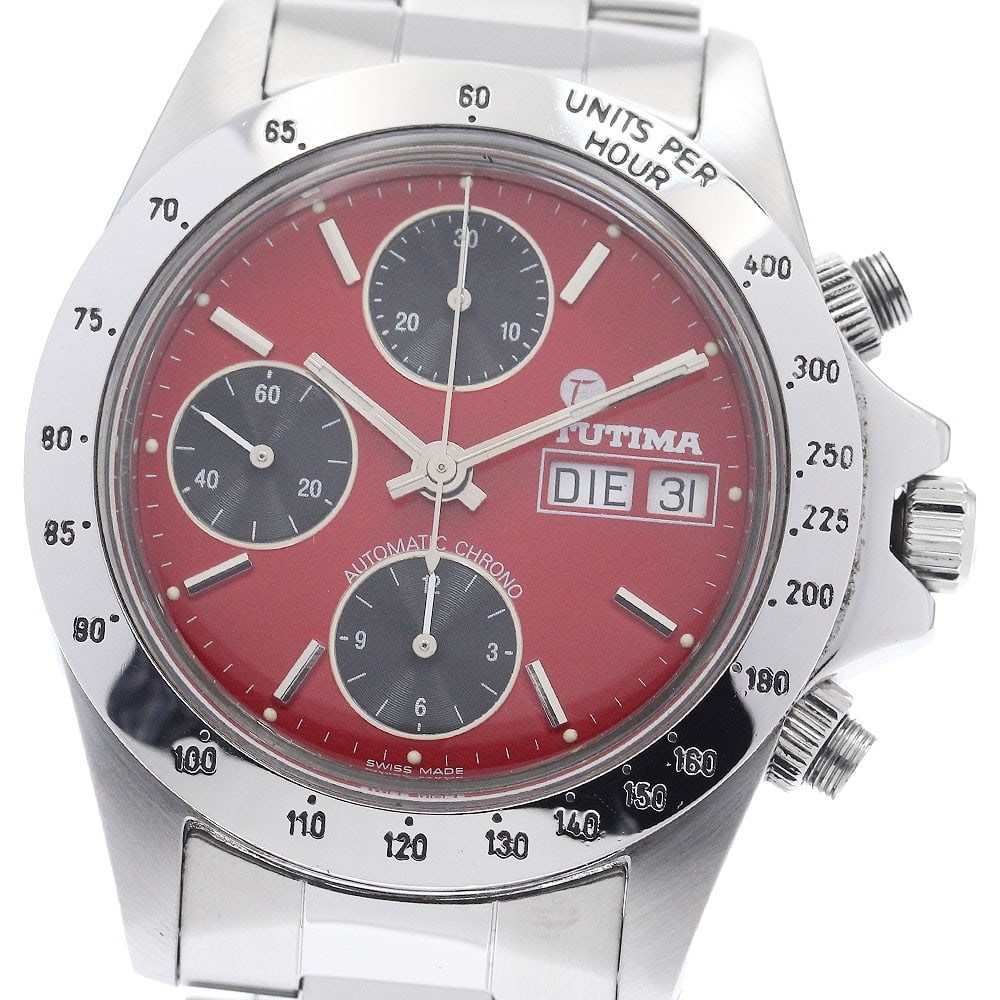 Tutima Ref 793 automatic chronograph wristwatch day date stainless steel: Tutima Ref 793 automatic chronograph wristwatch day date stainless steel Pre-owned TUTIMA men's wristwatch, reference 793, with a black and red dial and automatic movement. It features day-date, chron