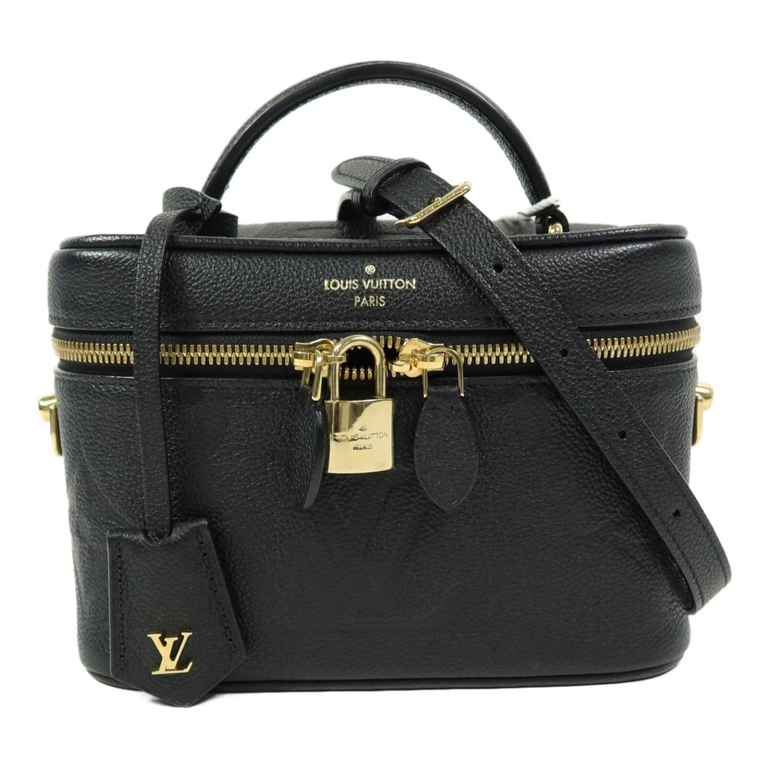 Louis Vuitton M45598 Vanity Chain Shoulder Bag Black Monogram Empreinte: Louis Vuitton M45598 Vanity Chain Shoulder Bag Black Monogram Empreinte Louis Vuitton LV Vanity Case Chain Shoulder Bag, model M45598, in BlackxBlack. It is made from Monogram empreinte and calfskin (