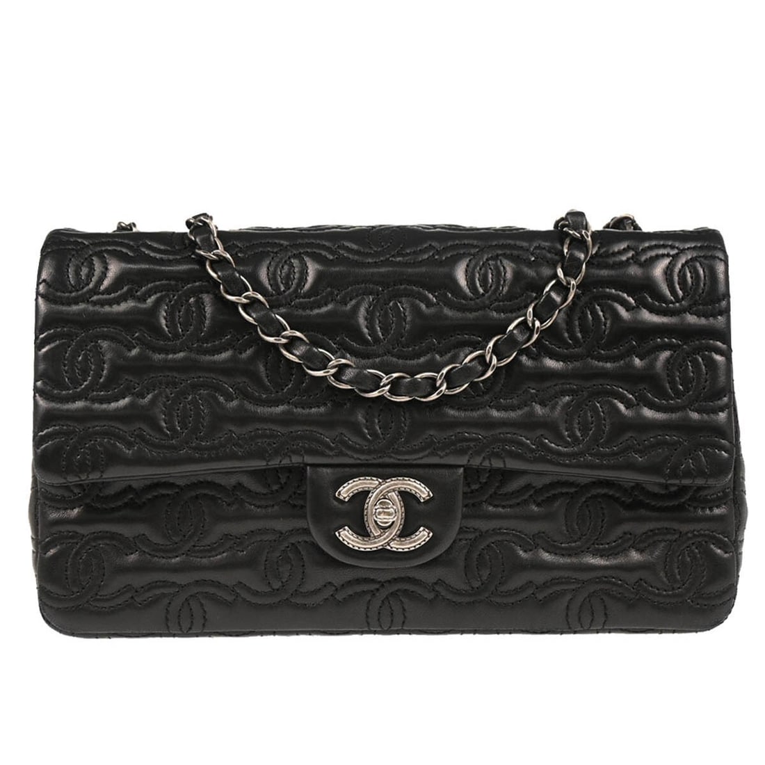 CHANEL Medium Black Lambskin Shoulder Bag with CC Stitch Flap: CHANEL Medium Black Lambskin Shoulder Bag with CC Stitch Flap Medium Chanel single flap shoulder bag in black lambskin leather with signature CC stitch detailing and a turn-lock closure. Made in