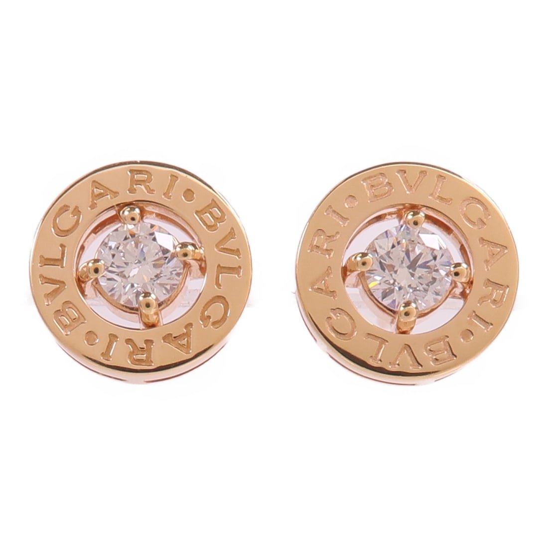 BVLGARI 18K Rose Gold Diamond Earring 10mm: BVLGARI 18K Rose Gold Diamond Earring 10mm BVLGARI diamond earrings in 18K pink gold with clear diamonds. The earrings are described as Very Good condition and come with no accessories. Specifications