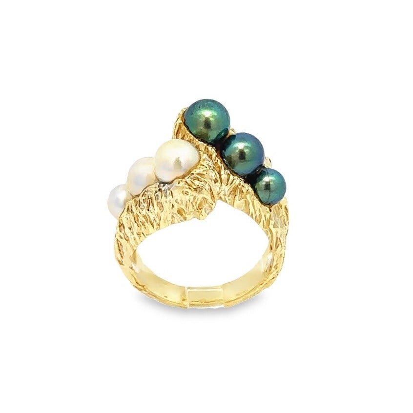 Vintage 13k Yellow Gold Bypass Ring with Gray Tahitian & White Pearls: Vintage 13k Yellow Gold Bypass Ring with Gray Tahitian & White Pearls This exquisite vintage bypass cocktail band ring features a stunning combination of gray Tahitian and white cultured pearls set in