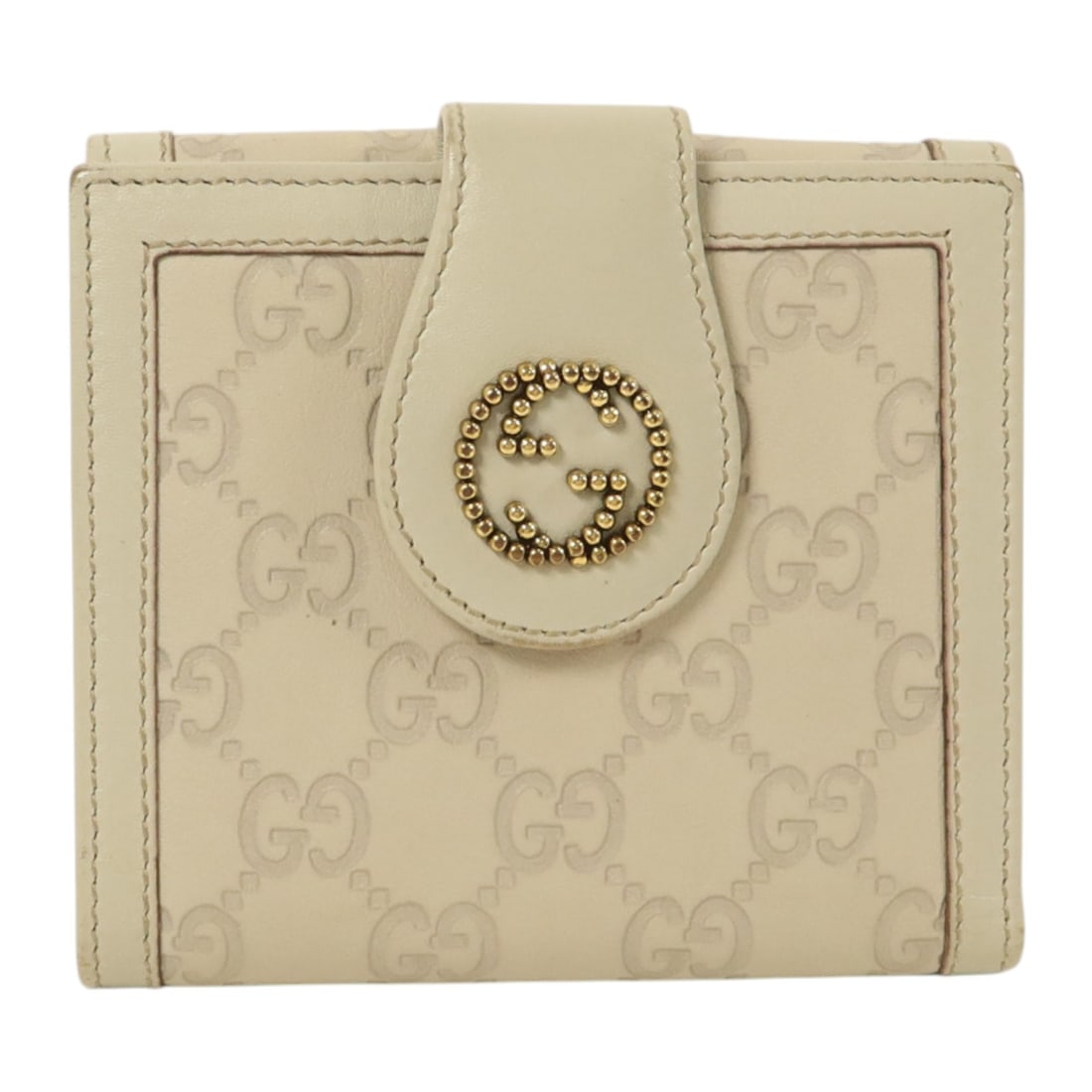 GUCCI 269975 GG Bi Fold Wallet Beige Calfskin Leather: GUCCI 269975 GG Bi Fold Wallet Beige Calfskin Leather A GUCCI bi-fold wallet in beige calfskin leather, featuring the GG design and GHW detail. It is a women's regular-size wallet made in Italy, with 