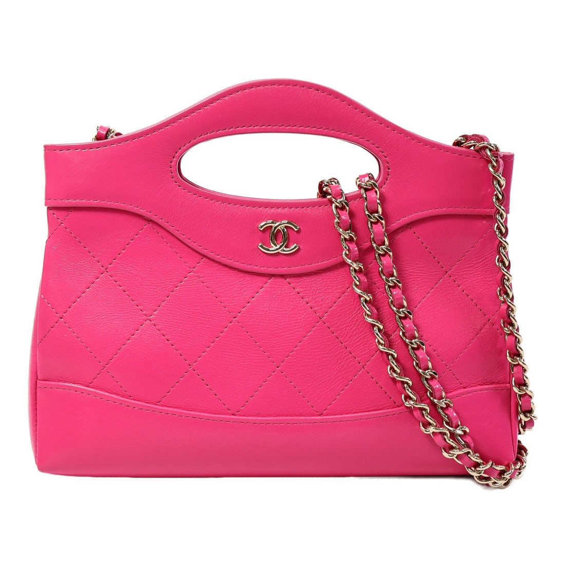 CHANEL Chanel 31 Nano 2 Way Chain Shoulder Bag Pink Calfskin: CHANEL Chanel 31 Nano 2 Way Chain Shoulder Bag Pink Calfskin Chanel CC GHW Chanel 31 Nano 2 Way Chain Shoulder Bag in pink/fuchsia calfskin (cowhide) leather. It features a magnetic pocket and one ins