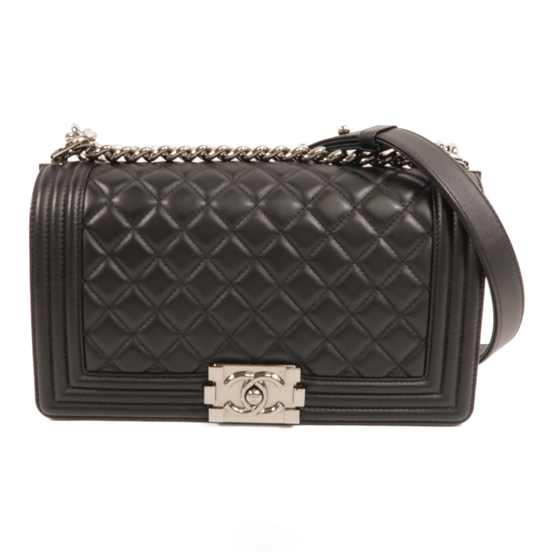 CHANEL Boy 25 Black Lambskin Chain Shoulder Bag SHW: CHANEL Boy 25 Black Lambskin Chain Shoulder Bag SHW CHANEL Boy 25 chain shoulder bag in black lambskin (sheep leather) with silver-tone hardware. This shoulder bag is sized for regular women's use and