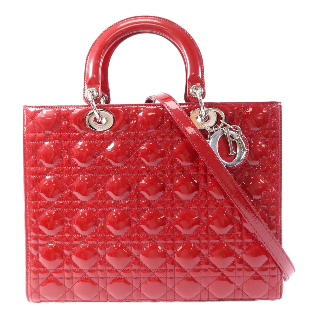 Dior Lady Dior VRB44561 Large 2 Way Shoulder Bag Red Patent Leather: Dior Lady Dior VRB44561 Large 2 Way Shoulder Bag Red Patent Leather A Christian Dior Lady Dior large 2way shoulder bag in red patent leather. The bag features a red exterior and frame color, with one 