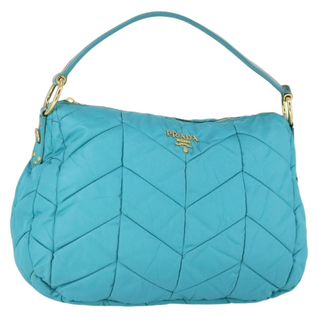 PRADA Blue Nylon Shoulder Bag with Dust Bag Gold Tone: PRADA Blue Nylon Shoulder Bag with Dust Bag Gold Tone Blue nylon shoulder bag with gold-tone details, made in Italy. Includes a dust bag. The bag measures approximately 32 cm W x 26 cm H x 7 cm D, wit