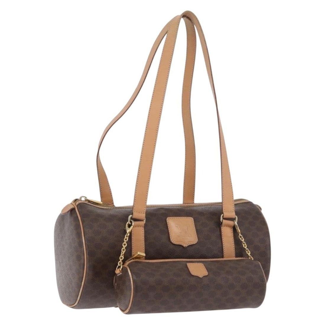 CELINE Macadam Canvas PVC Leather Handbag Brown Gold with Pouch: CELINE Macadam Canvas PVC Leather Handbag Brown Gold with Pouch A CELINE women's hand bag in brown and gold, made from PVC leather and Macadam canvas. It is made in Italy and comes with a pouch access