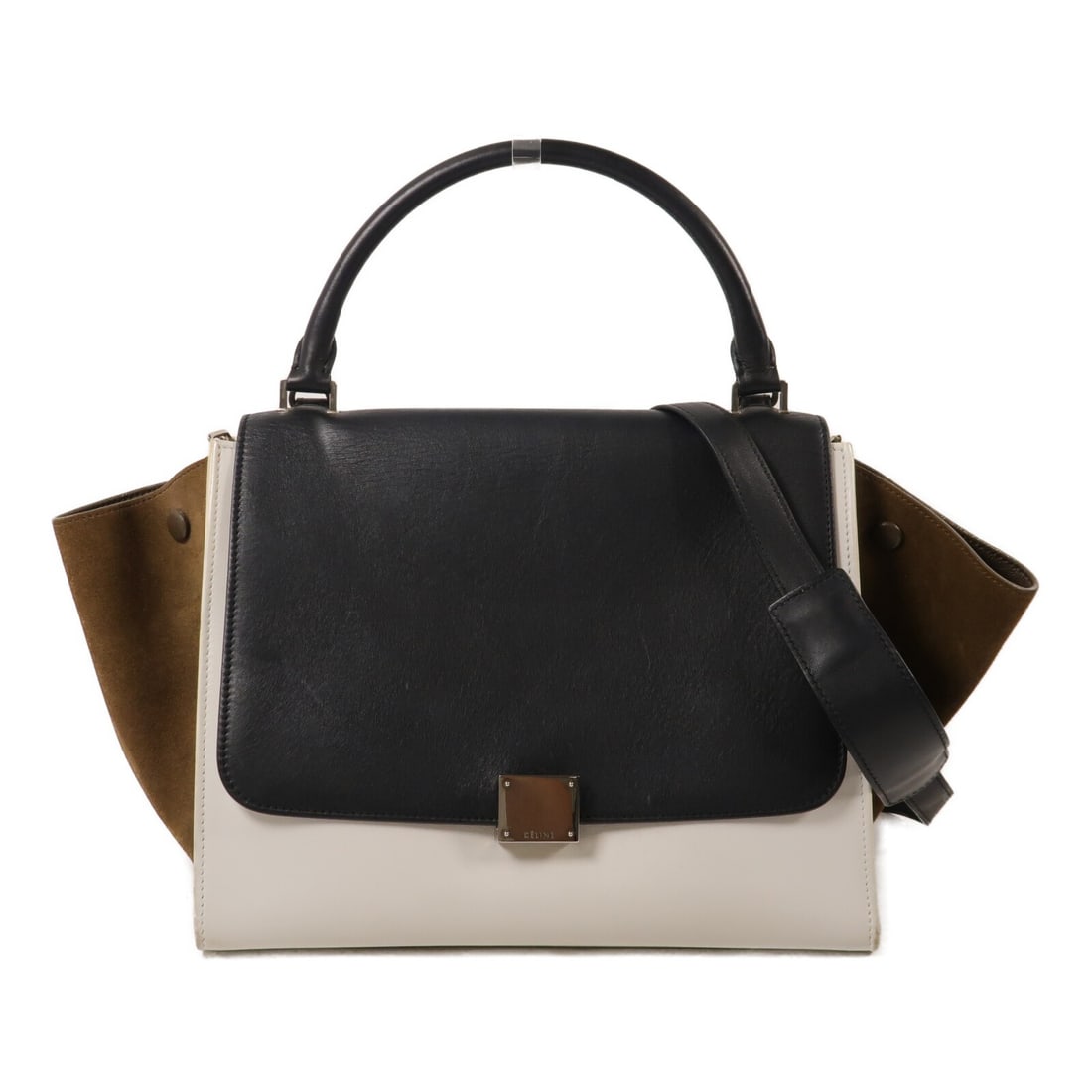 CELINE Trapeze Medium Calfskin 2way Bag Black White Khaki: CELINE Trapeze Medium Calfskin 2way Bag Black White Khaki A CELINE Trapeze Medium 2way shoulder bag in calfskin leather with a black, white, and khaki colorway. It features a flap closure, one outside