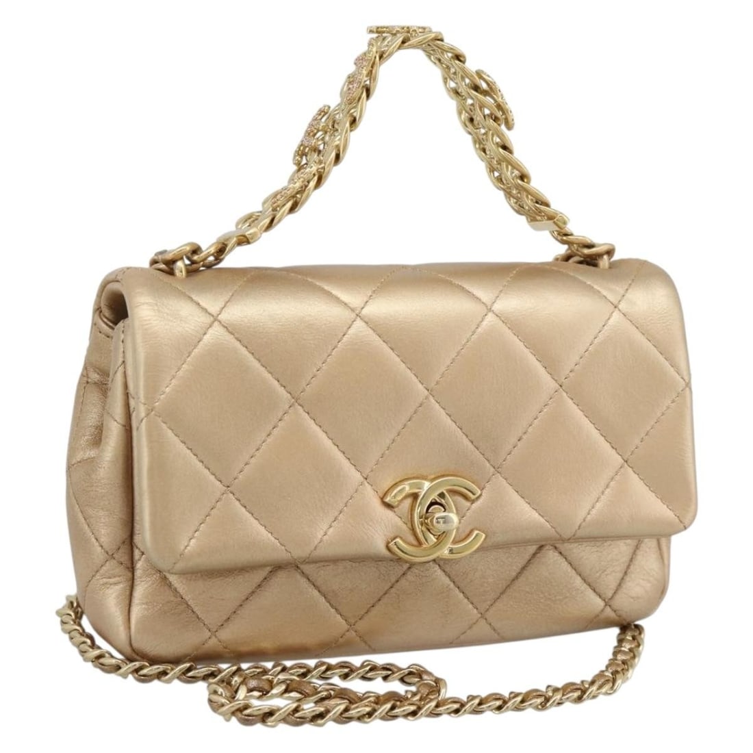 CHANEL Leather 2way Shoulder Bag Gold Chain Strap CC: CHANEL Leather 2way Shoulder Bag Gold Chain Strap CC Chanel Matelasse 2-way shoulder bag in gold leather with a chain strap and CC detail. Designed for women, this shoulder bag includes a dust bag and