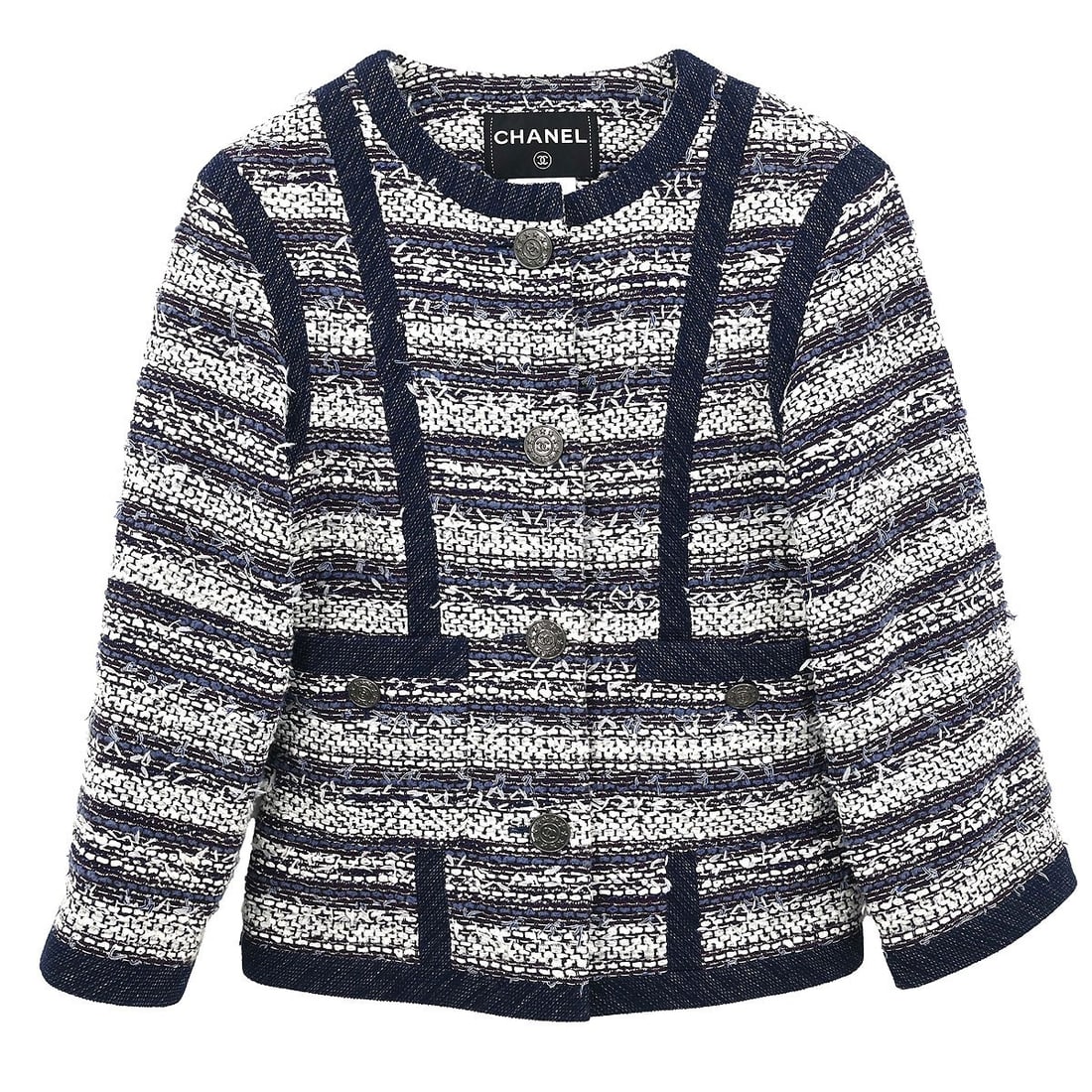 Chanel P45580V33648 collarless tweed jacket navy size 34 (1 of 15)