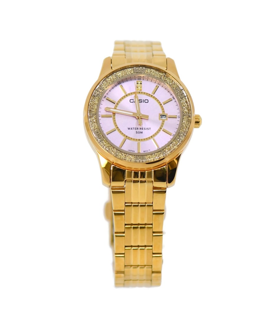 Casio LTP-1358G Gold Tone Stainless Steel Watch with Pink Dial: Casio LTP-1358G Gold Tone Stainless Steel Watch with Pink Dial Discover elegance with the Casio Gold Tone Stainless Steel Watch LTP-1358G. This stylish wristwatch features a sophisticated pink dial, s