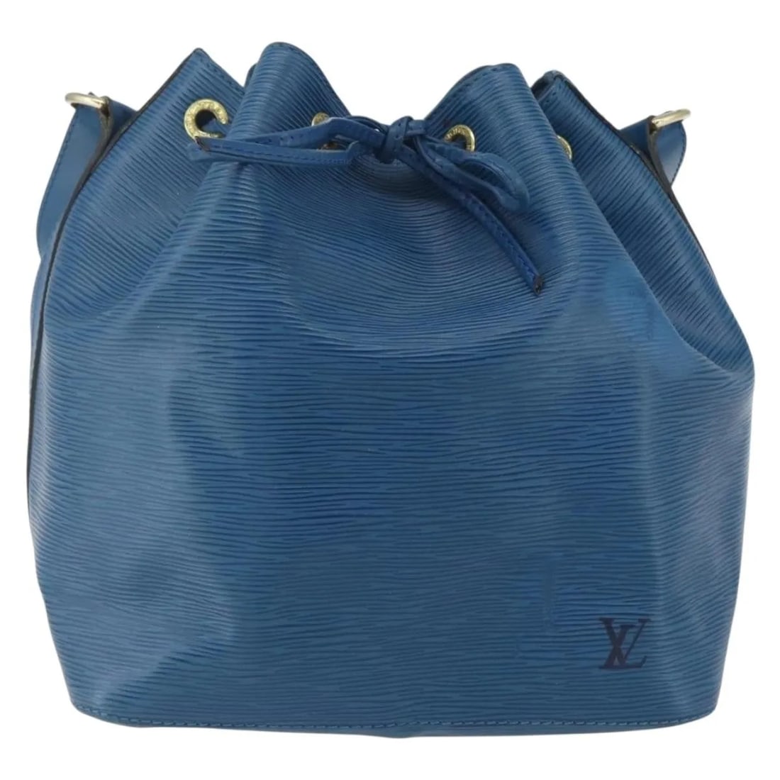 Louis Vuitton Petit Noe blue leather bucket bag: Louis Vuitton Petit Noe blue leather bucket bag Louis Vuitton Petit Noe bag in blue Epi leather. This vintage piece shows honest wear consistent with good condition, including shape distortion, light 