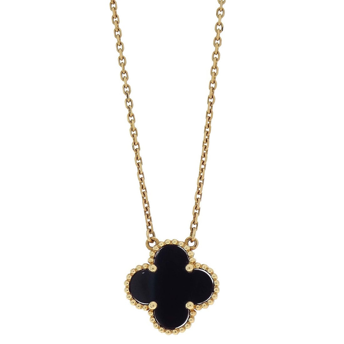 Van Cleef Arpels Vintage Alhambra Onyx Charm Necklace 750 Yellow Gold: Van Cleef Arpels Vintage Alhambra Onyx Charm Necklace 750 Yellow Gold Van Cleef & Arpels Vintage Alhambra necklace crafted in Au750 yellow gold with an onyx charm pendant. This necklace features the i