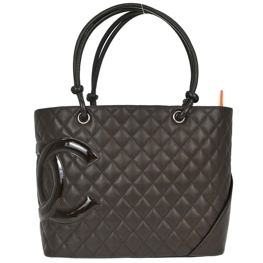 CHANEL Cambon Ligne Brown Calfskin Leather Tote Bag: CHANEL Cambon Ligne Brown Calfskin Leather Tote Bag Chanel Cambon Ligne tote handbag in brown calfskin leather with quilted logo accents and patent leather trim. This medium tote features double handl