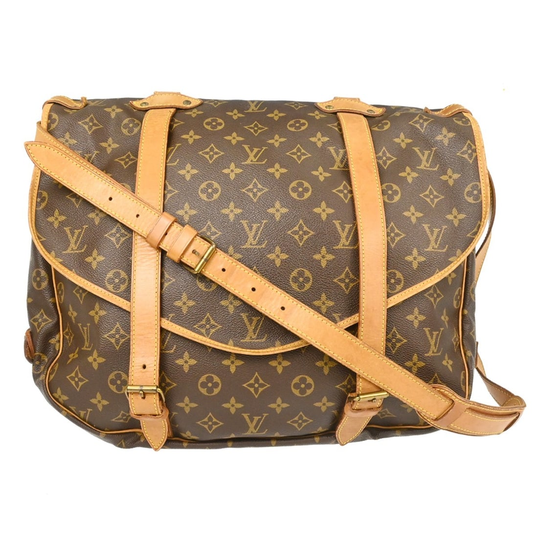 Louis Vuitton Saumur 43 Monogram Canvas Crossbody Messenger Bag M42252: Louis Vuitton Saumur 43 Monogram Canvas Crossbody Messenger Bag M42252 Vintage Louis Vuitton Saumur 43 messenger bag in Monogram canvas and leather, made in France. It features a buckle closure, adjus