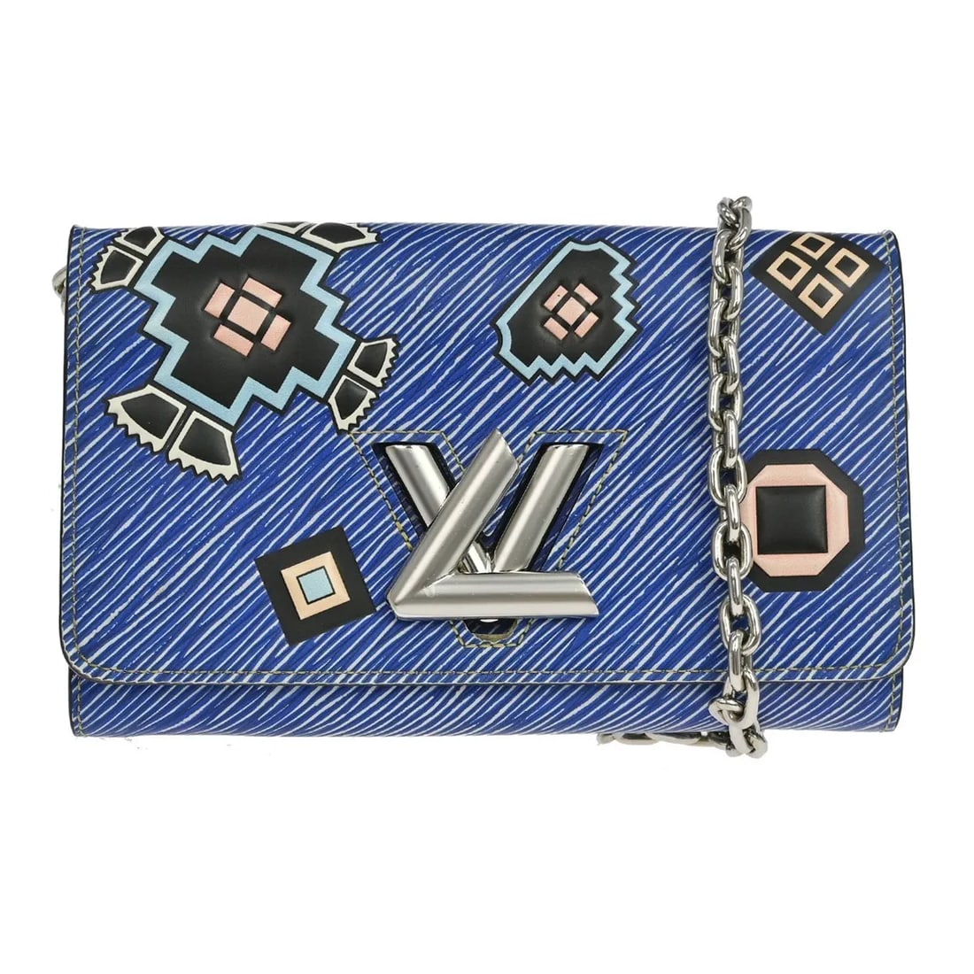 Louis Vuitton Twist Chain Blue Leather Shoulder Bag: Louis Vuitton Twist Chain Blue Leather Shoulder Bag Louis Vuitton Twist Chain limited edition Azteque bag in blue leather. This piece shows visible wear, including scuffs and scratches to the exterior