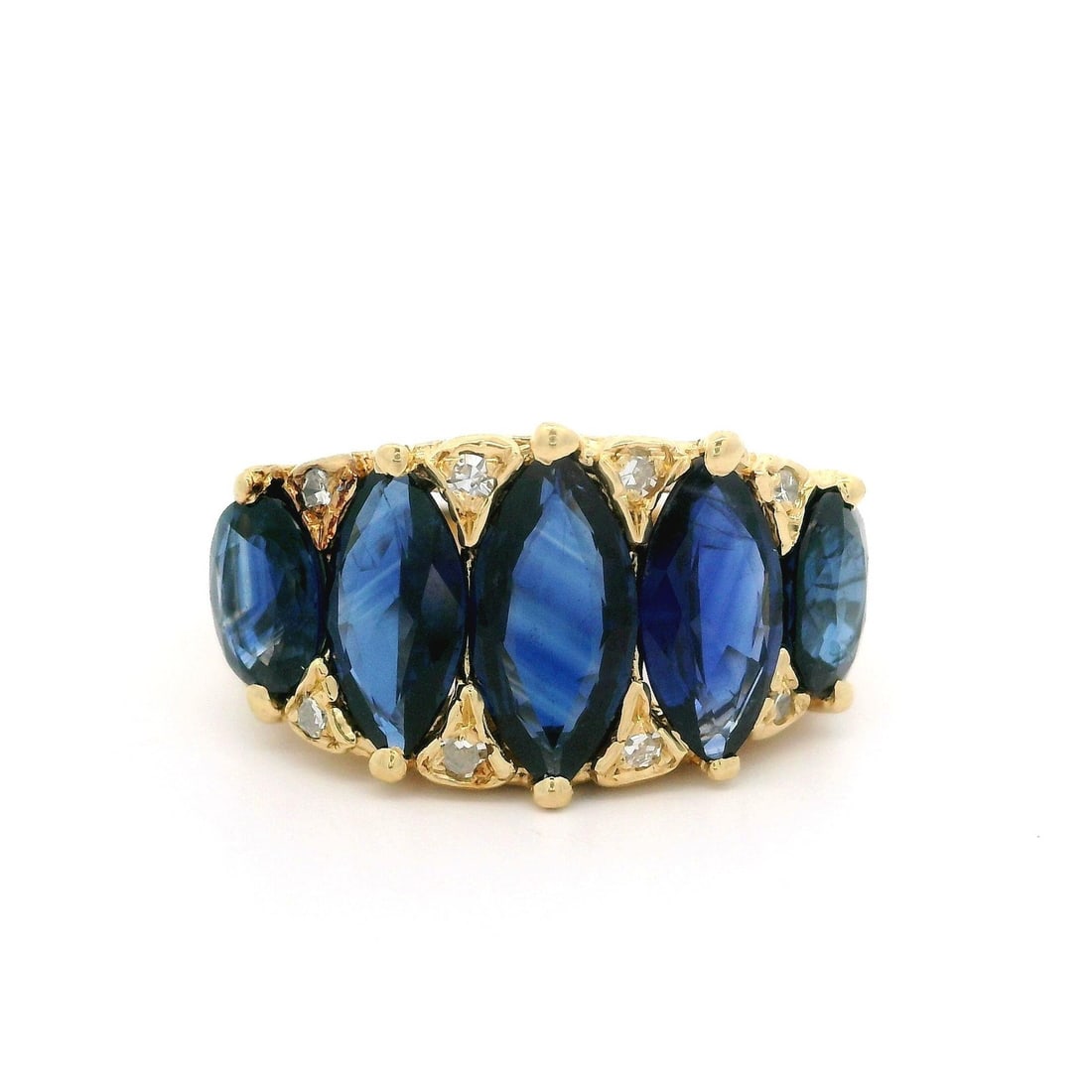 Vintage 14k Yellow Gold GIA Marquise Sapphire Diamond Band Ring: Vintage 14k Yellow Gold GIA Marquise Sapphire Diamond Band Ring This exquisite vintage band ring showcases a stunning array of sapphires and diamonds set in solid 14k yellow gold. The design features 
