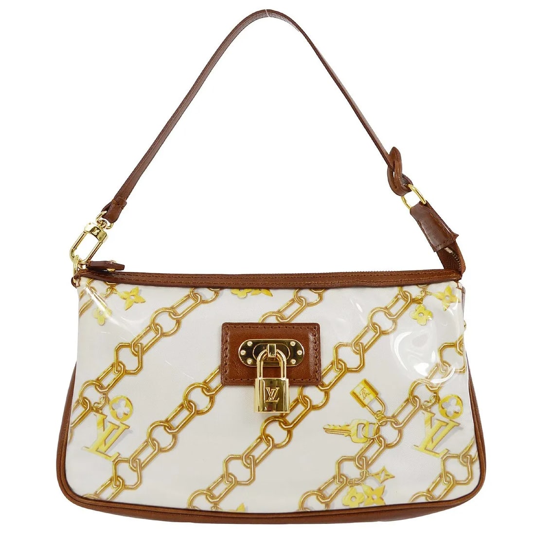 Louis Vuitton Charms Pochette Brown Leather PVC Silk Accent Bag: Louis Vuitton Charms Pochette Brown Leather PVC Silk Accent Bag The Louis Vuitton Charms Pochette is a stylish accessory crafted for women, featuring a brown leather exterior with over-printed silk de