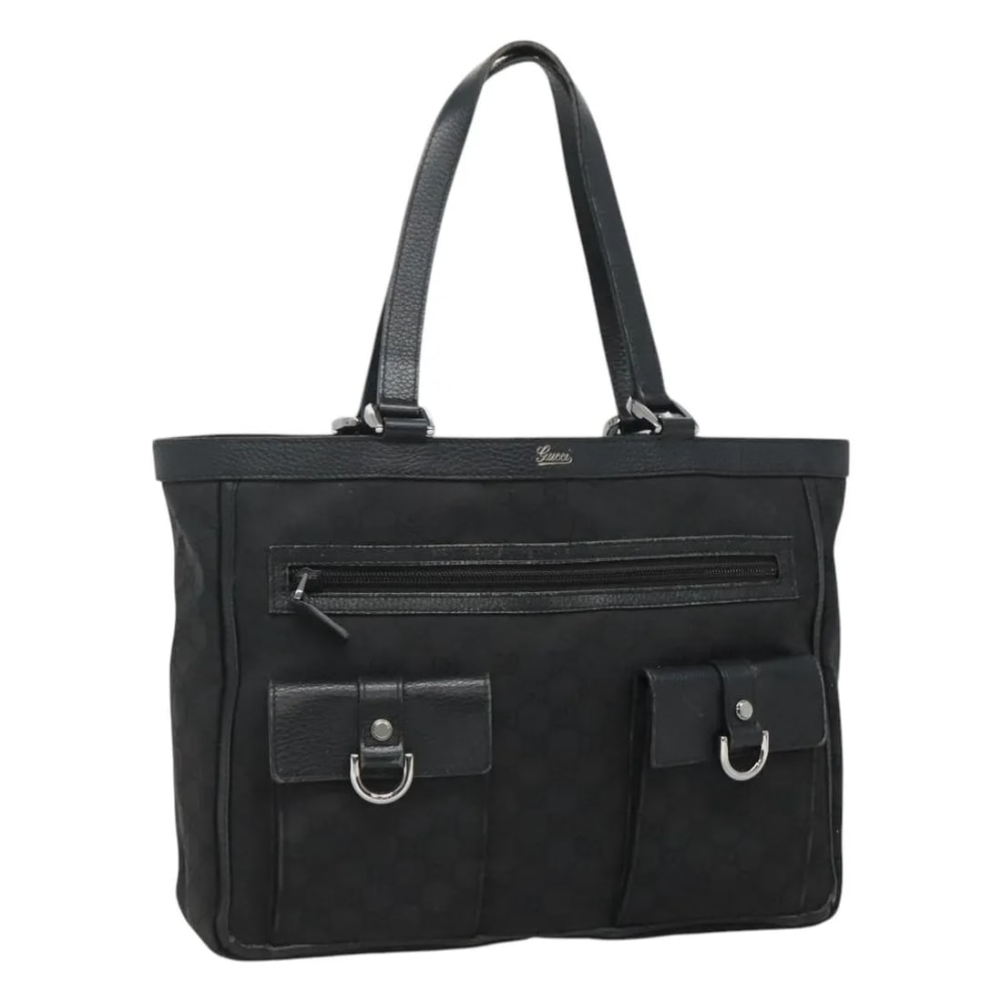 Gucci Abbey Pocket Tote Black Canvas Leather Trim Italy: Gucci Abbey Pocket Tote Black Canvas Leather Trim Italy This Gucci Abbey Pocket Tote is crafted from black GG canvas and features leather trim and metal fittings. Made in Italy, this tote is designed 