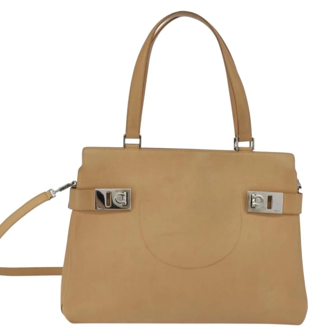 Beige Leather Gancini Tote Bag by Salvatore Ferragamo: Beige Leather Gancini Tote Bag by Salvatore Ferragamo This Salvatore Ferragamo Gancini Tote is crafted from beige leather and designed for women. The bag is pre-owned and in good condition, displaying