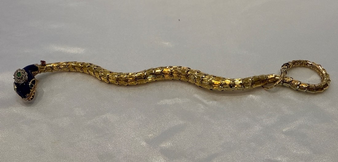19th Century Antique 14K Yellow Gold Enamel Snake Bracelet with Diamonds and Emeralds: 19th Century Antique 14K Yellow Gold Enamel Snake Bracelet with Diamonds and Emeralds Discover the charm of this magnificent 19th-century antique snake bracelet, expertly crafted from 14K yellow gold 