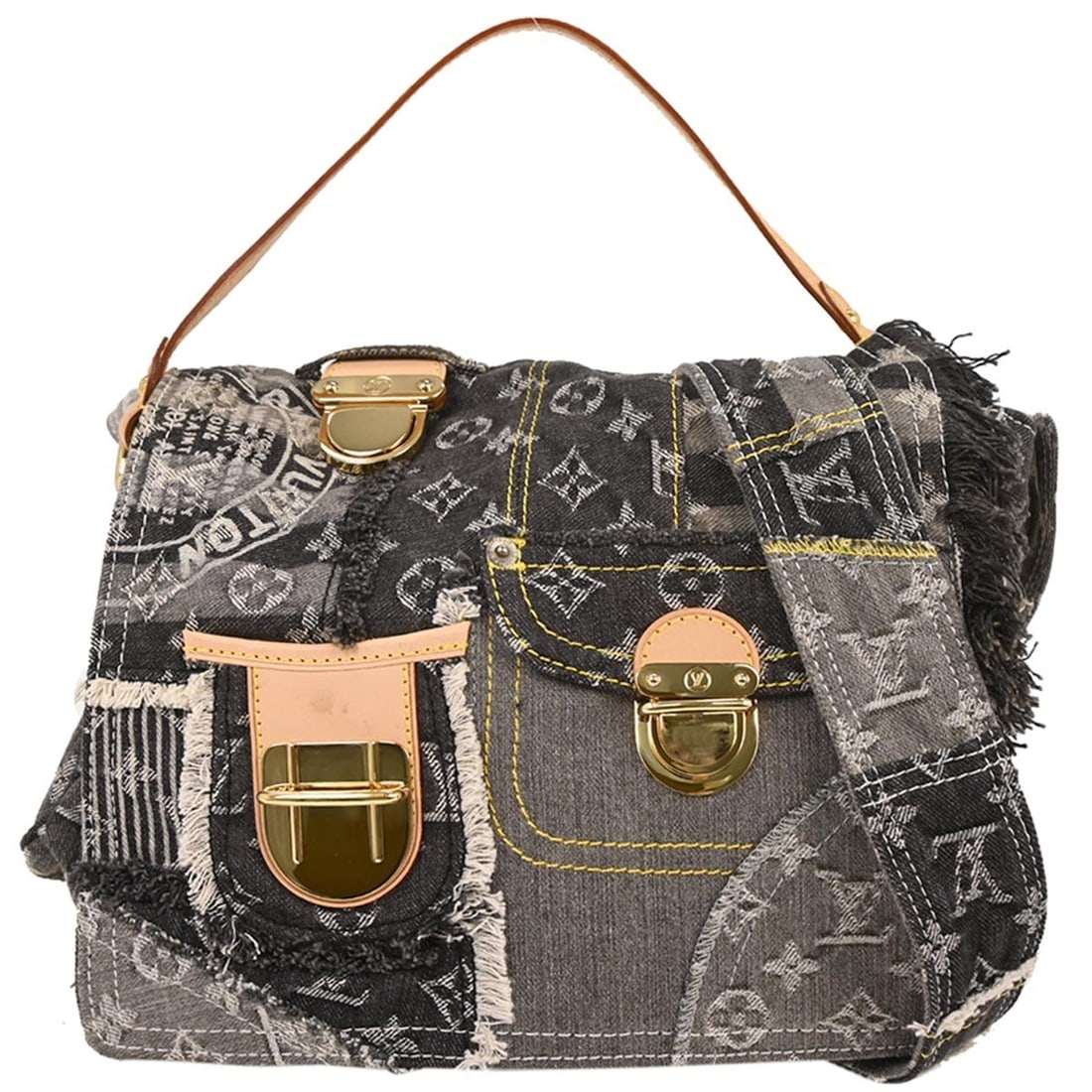 Louis Vuitton Postie M95375 Monogram Denim Patchwork 2way Top Handle Bag: Louis Vuitton Postie M95375 Monogram Denim Patchwork 2way Top Handle Bag Louis Vuitton Monogram Denim Patchwork Postie 2way handbag in gray and black Monogram denim with leather trim. This women's top