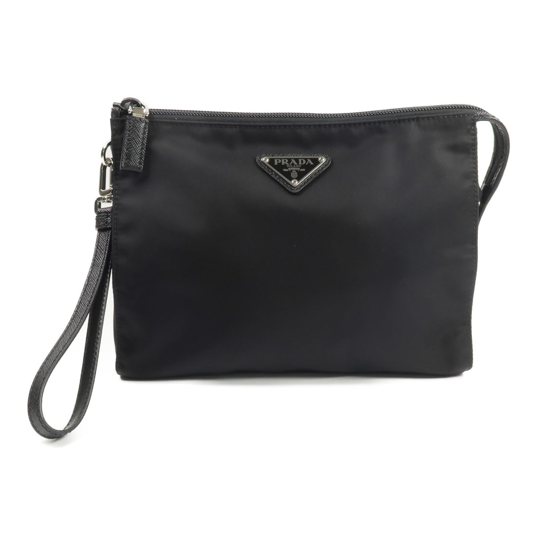 PRADA 2NE789 Re-Nylon accessory pouch black with hand strap: PRADA 2NE789 Re-Nylon accessory pouch black with hand strap This PRADA Re-Nylon accessory pouch is designed in black nylon with SHW detailing. It features a removable hand strap, a fastener closure, a