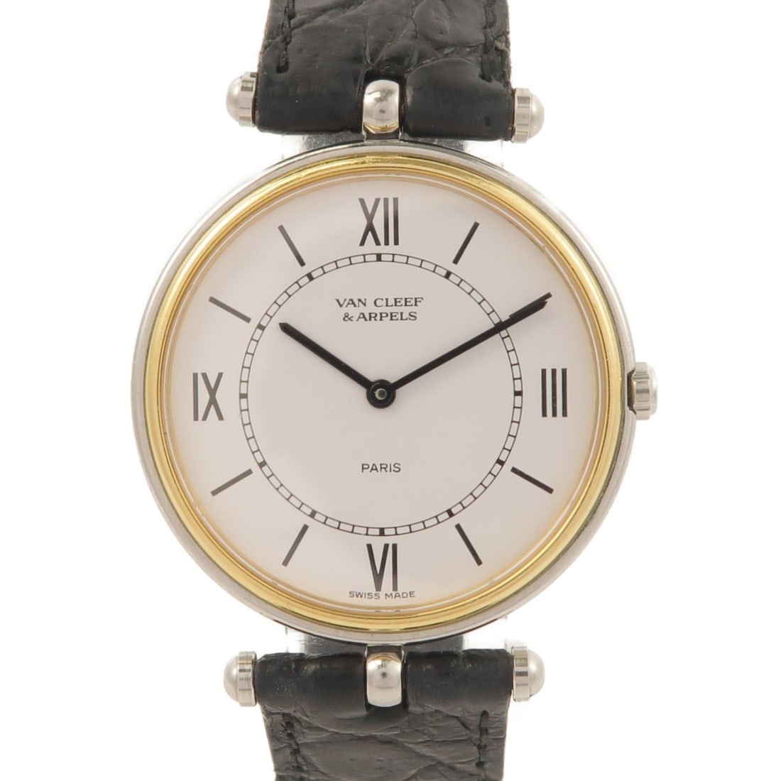 Van Cleef Arpels La Collection mens quartz watch steel 18K yellow gold: Van Cleef Arpels La Collection mens quartz watch steel 18K yellow gold Van Cleef & Arpels La Collection quartz watch for men in stainless steel and 18K yellow gold. It features a white dial, quartz mo