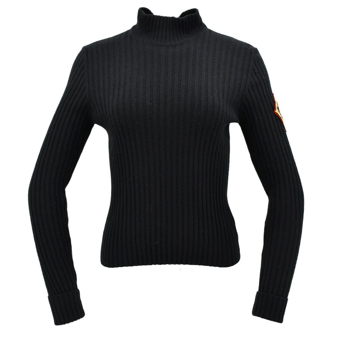 CHANEL Vintage Black Knit Turtleneck Sweater Size 40: CHANEL Vintage Black Knit Turtleneck Sweater Size 40 Vintage Chanel black knit top with a high neck, long sleeves, and logo accents. Designed in a regular fit for women, this casual style shows reason