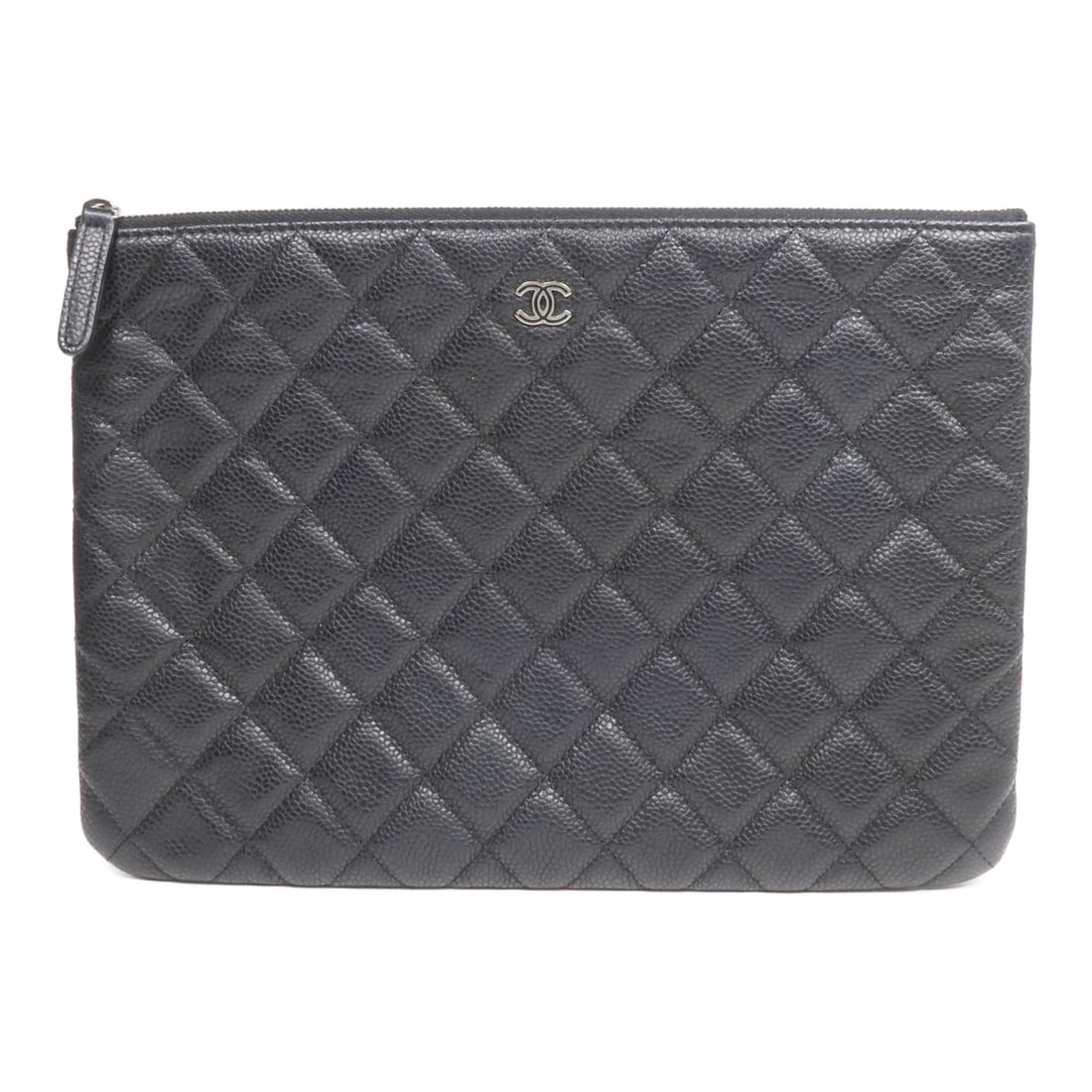 Black Calfskin CHANEL CC Pouch with SHW: Black Calfskin CHANEL CC Pouch with SHW CHANEL CC SHW pouch in black calfskin leather, designed for women. It is made in France and measures approximately 11.0 in wide by 7.9 in high (28 cm x 20 cm). 
