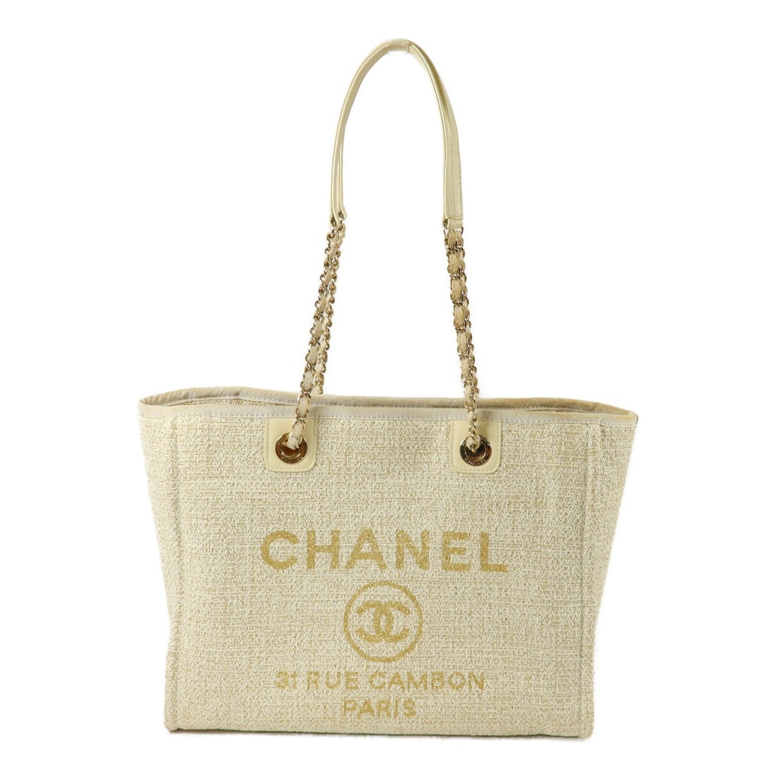 Chanel Deauville A67001 Beige Canvas Tote with CC and GHW: Chanel Deauville A67001 Beige Canvas Tote with CC and GHW CHANEL Deauville Tote Bag in beige canvas with gold-tone hardware. This bag is identified as model A67001 and includes an interior layout with