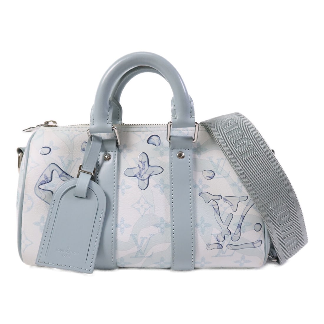 Louis Vuitton M22527 Keepall Bandouliere 25 Monogram 2 Way Bag: Louis Vuitton M22527 Keepall Bandouliere 25 Monogram 2 Way Bag The Louis Vuitton Keepall Bandouliere 25 is a 2-way shoulder bag in Monogram Aqua Garden x PVC coated canvas. It comes in BluexWhitexBlue