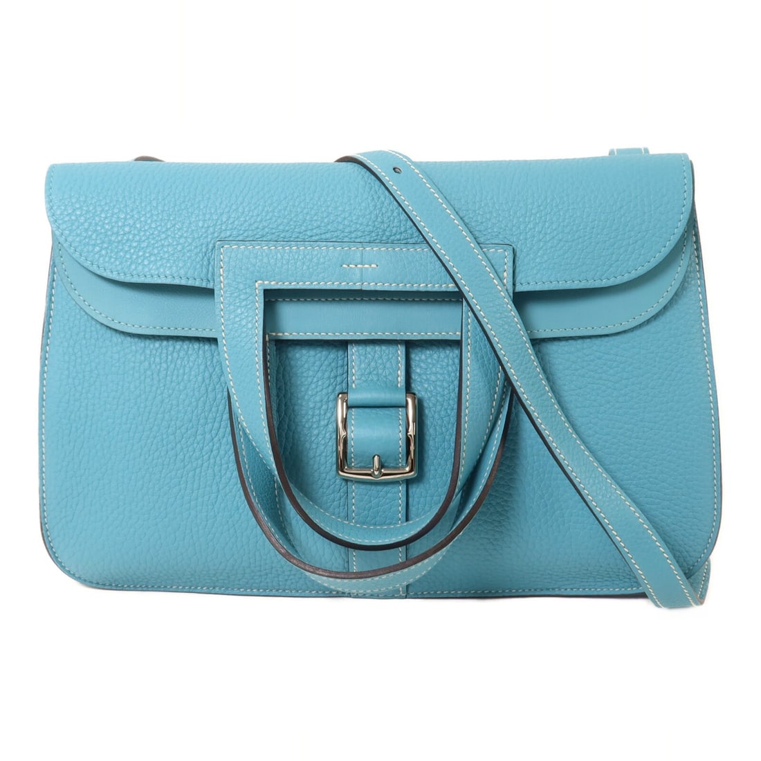 Hermes Halzan 31 Taurillon Clemence 2 Way Shoulder Bag Blue PHW: Hermes Halzan 31 Taurillon Clemence 2 Way Shoulder Bag Blue PHW Hermes Halzan 31 2-way shoulder bag in Bleu Saint Cyr / Blue, made from Taurillon Clemence and calfskin (cowhide). This women's bag feat