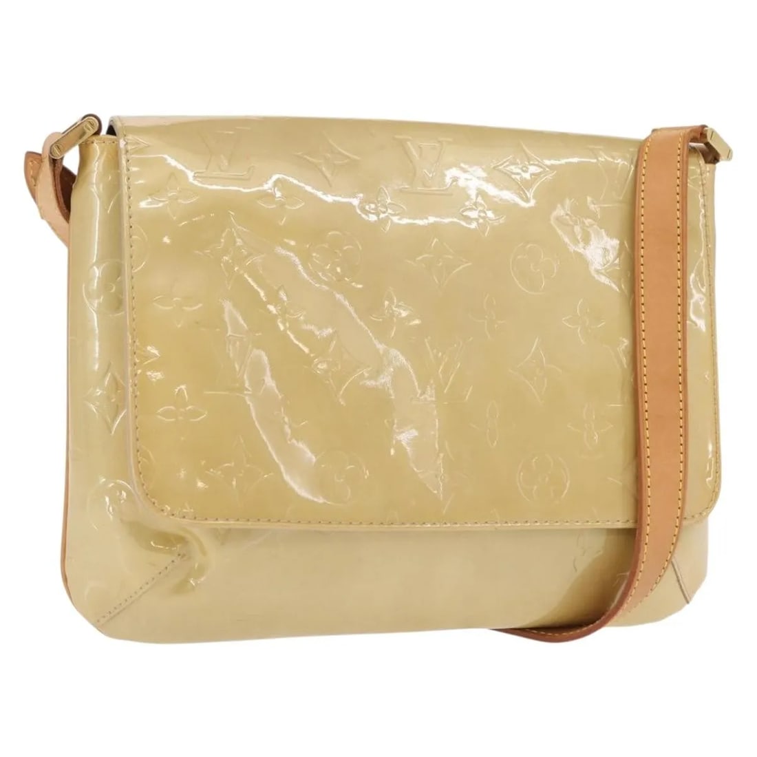 Louis Vuitton Monogram Vernis Patent Leather Thompson Street Bag 26cm: Louis Vuitton Monogram Vernis Patent Leather Thompson Street Bag 26cm This Louis Vuitton Thompson Street handbag features beige patent leather crafted for women. It has a compact design with dimension